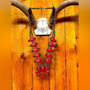 Red Stone Squash Blossom Navajo Statement Necklace.